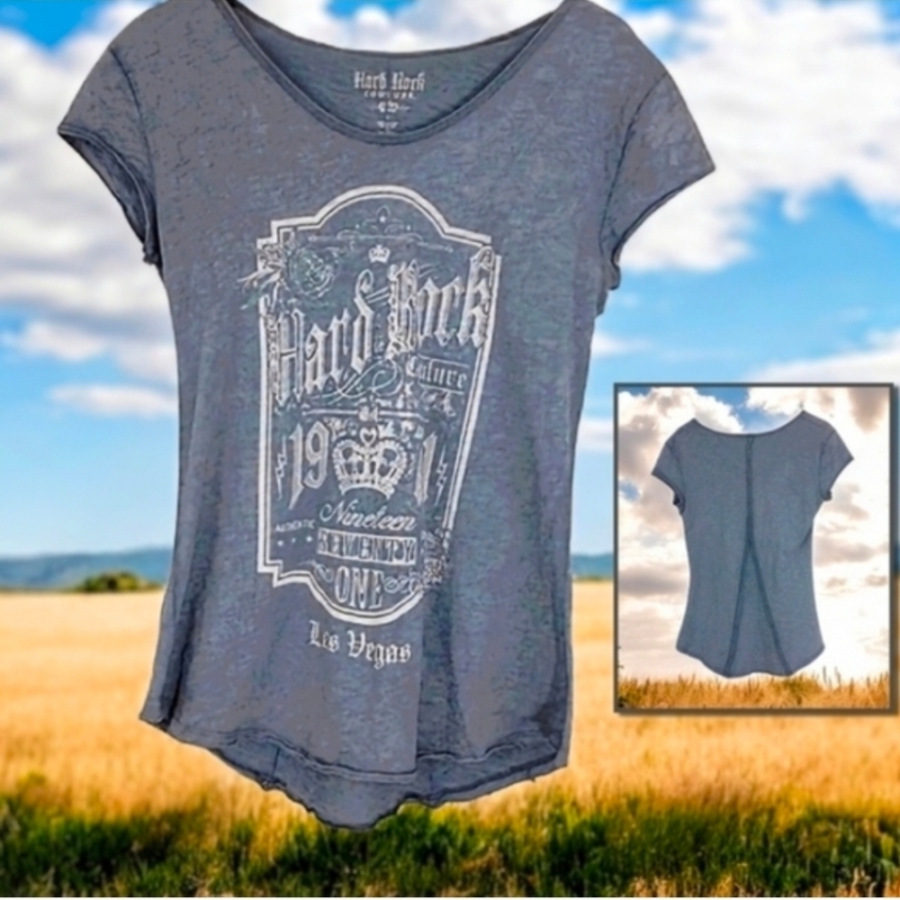 Vintage Wash Hard Rock Cafe Couture Las Vegas Slate Blue Cap Sleeve Grapic T L